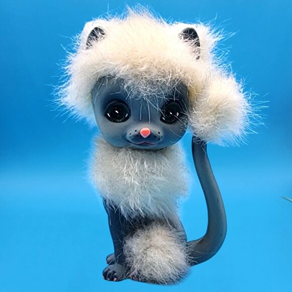 Blue Siamese Cat Kamar Mimi 1969 Vintage Fuzzy Hair Rubber Toy Japan Big Eye - Picture 2 of 10